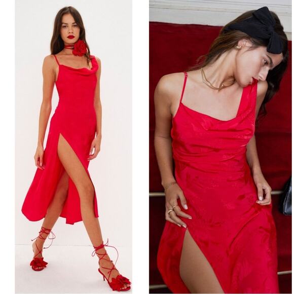 For Love & Lemons llana Floral Satin Red Midi Dress Size XXS - Picture 1 of 12